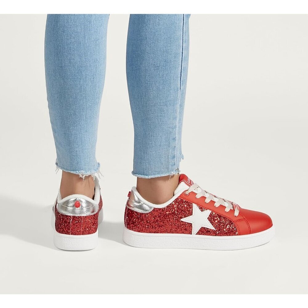 Women's Red Fashion Star Sneaker Lace Up Low Top Comfortable Cushioned Shoes - Picture 8 of 9